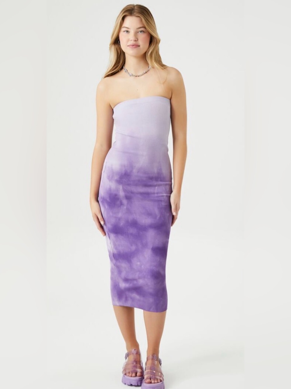 Forever 21 Strapless Lavender to Purple Tie-Dye Midi Dress